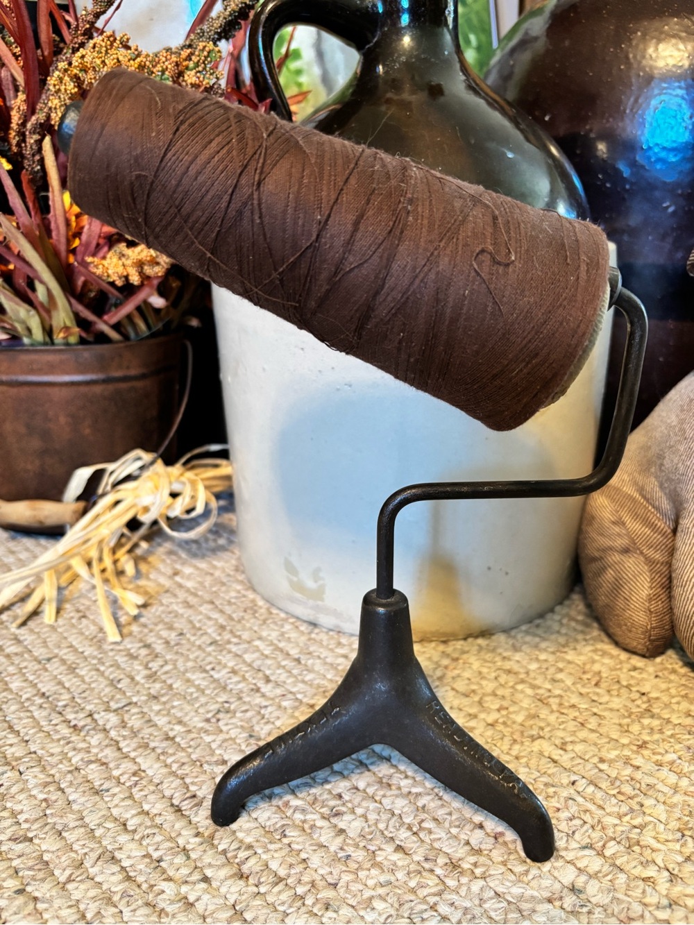 Vintage Thread Spool Holder Stand with Dark Brown Thread- Reading PA